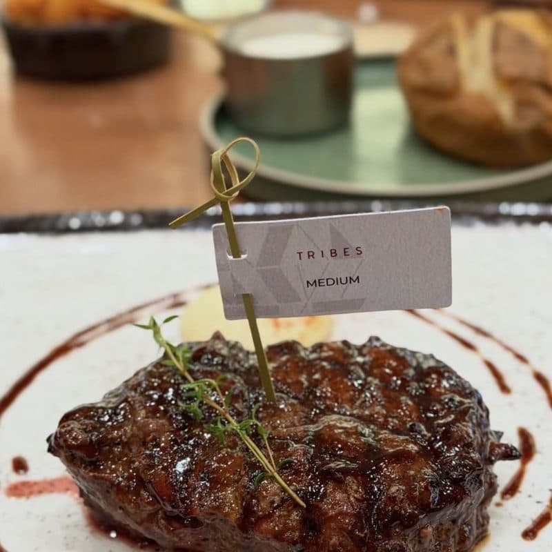 Grilled steak on a white plate with a Tribes ‘medium’ marker